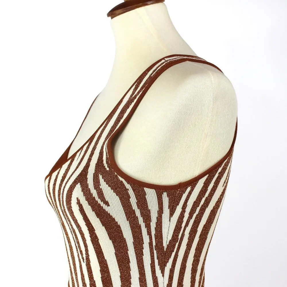 Retrofete Dimi Zebra Mini Dress Brown Cream Cut Out Sleeveless Ribbed Knit XS - Picture 4 of 8
